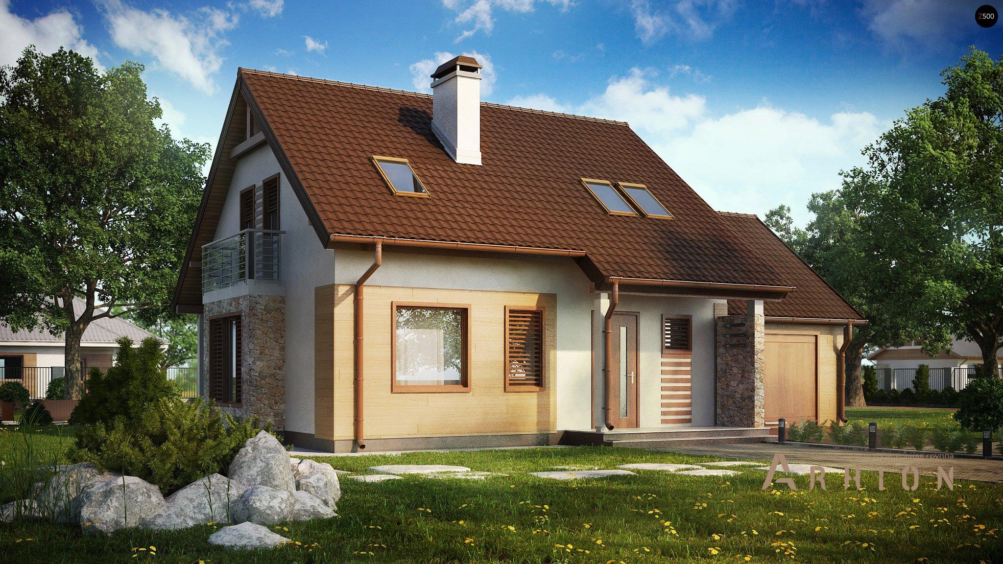 1. Проект одноэтажного дома в европейском стиле с двускатной кровлей, Z102 GP, площадью - 149 кв c мансардой, терассой, балконом, гаражом, эркером